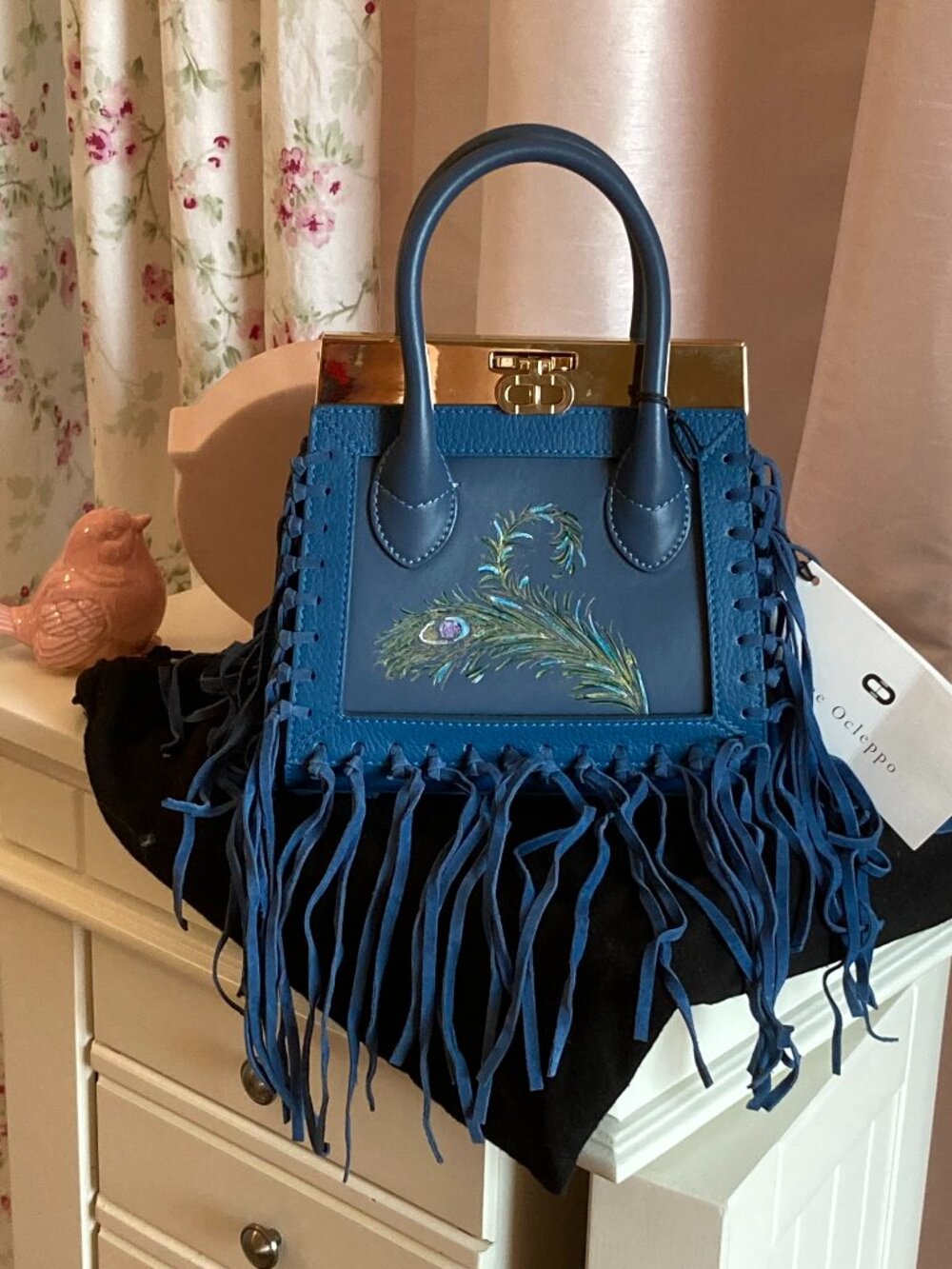 NWT Dee Ocleppo Roma mini leather fringed tote, petrol blue vitello